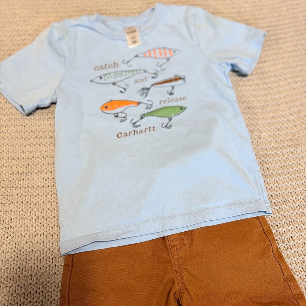 Carhartt Boys 4T 2-Piece Outfit Set Fishing T-Shirt Canvas Shorts